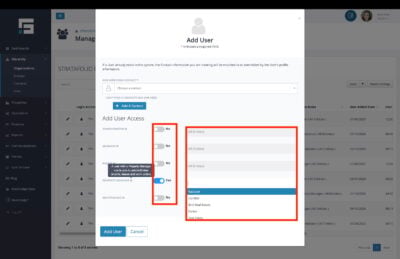 Toggle the user access and select the entity to add the user to