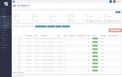 The Export and Report Settings buttons on the Rent Collection Index Page