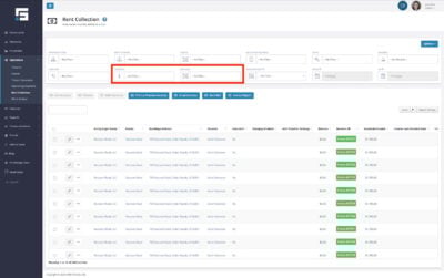 The Rent Collection Index Page with the Invoiced and Balance dropdown filters highlighted