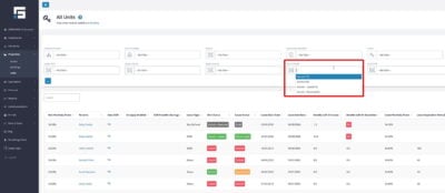 Unit Status filter dropdown on the All Units page in STRATAFOLIO showing Vacant, Rented, Vacant Leased, and Vacant Reserved options