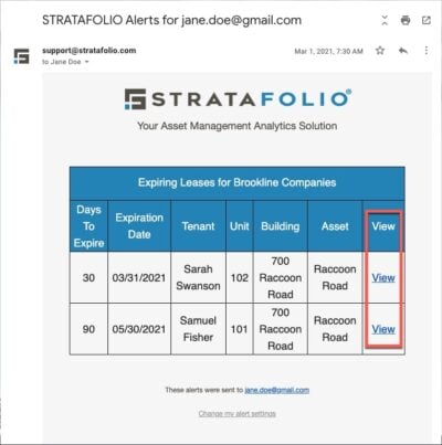 Email alerts for lease renewal in STRATAFOLIO