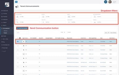 Use the dropdown filters and select the tenants to email before clicking the Send Communication button