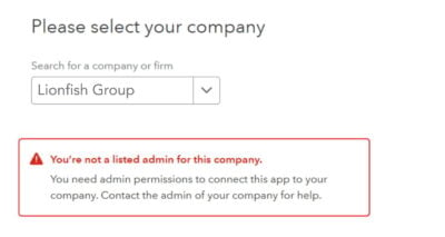 Warning message that you are not a listed admin for the selected QuickBooks company