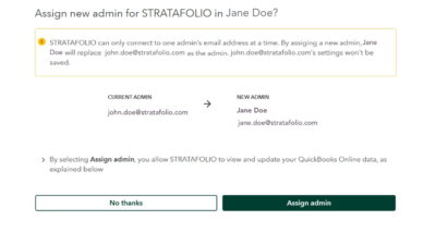 STRATAFOLIO prompt asking whether to assign a new admin for the QuickBooks company