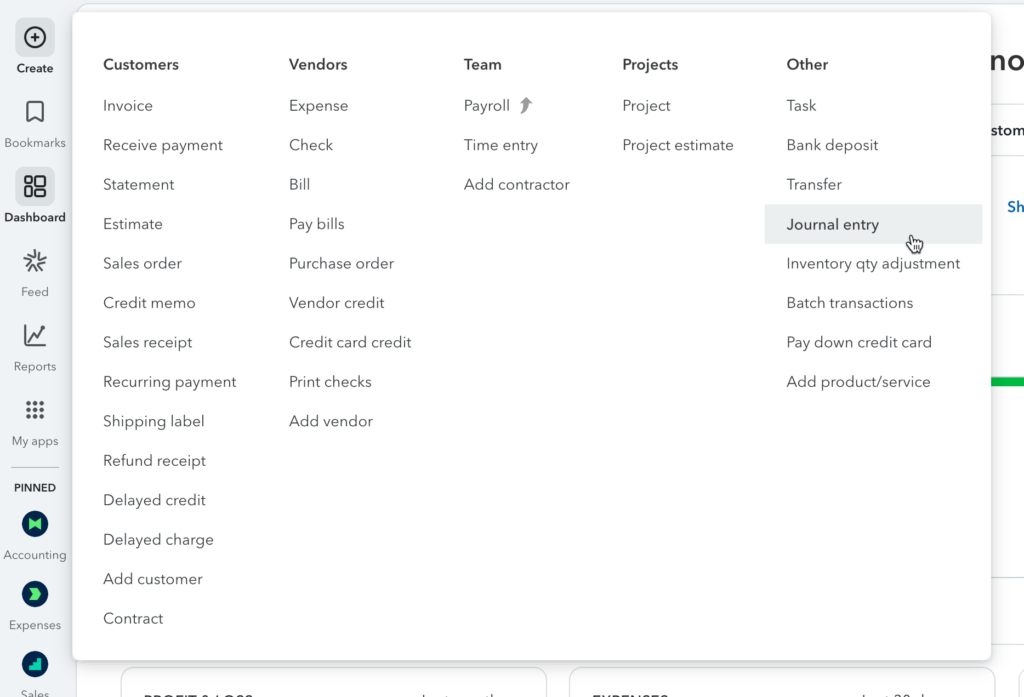 How to create new journal entries in QuickBooks.