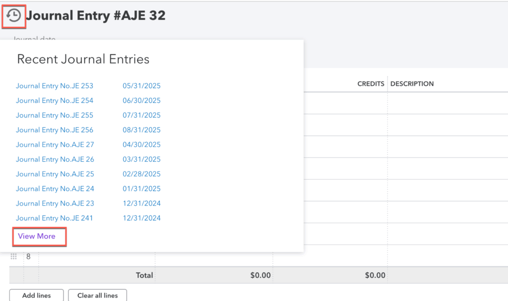 How to view past journal entries in QuickBooks, step 1.