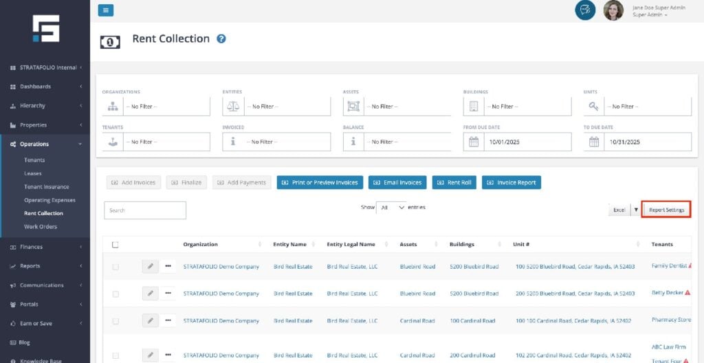 The Report Settings button is highlighted while on the Rent Collection page