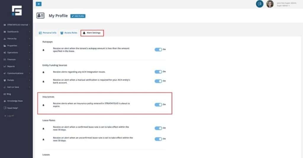 The alerts for Insurances is found in the user's Profile, under Alert Settings, and under Insurances