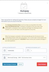The Stop Autopay button in the autopay setup pop up
