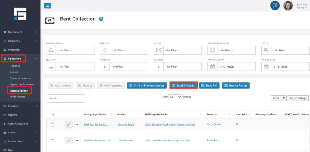 Send bulk invoices through the Email Invoices button in the Rent Collection Index