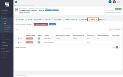 The button to add insurance requirements is in the insurance tab in the Lease detail view