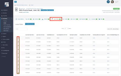 Additional Charges can be added at the Lease-level by going to the Lease Rates tab in the Lease Detail Page and clicking on the pencil icon of the period to add the charge to