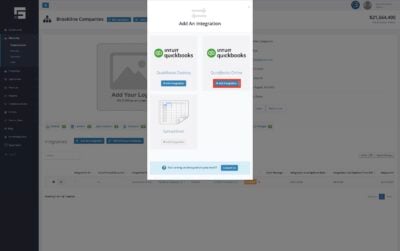 Click the Add Integration button under the QuickBooks Online text