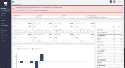 STRATAFOLIO Owner Dashboard unconfirmed accounts warning banner above the Cash Flow Report